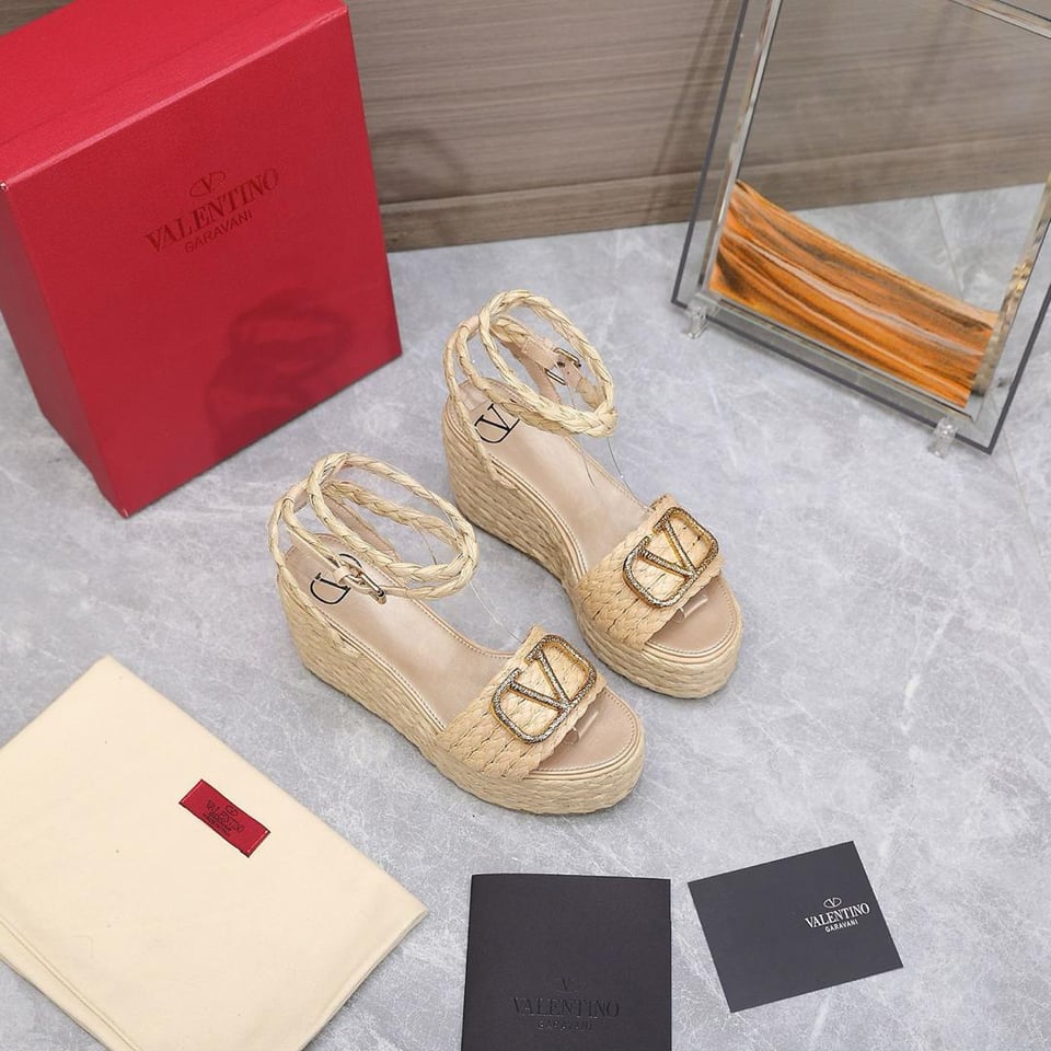 Valentino Garavani Vlogo Raffia Platform Wedge Sandals Natural view 9