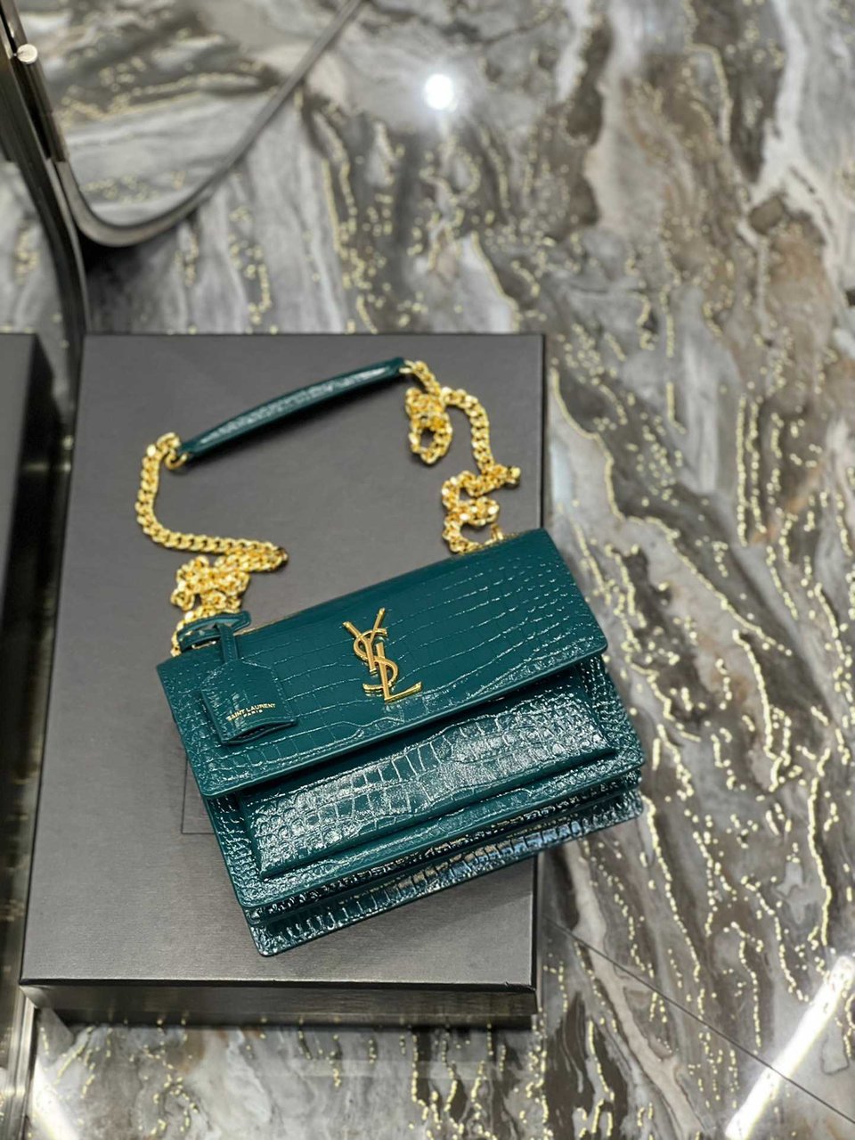 Saint Laurent Sunset Medium Chain Bag In Shiny Leather Mint view 6