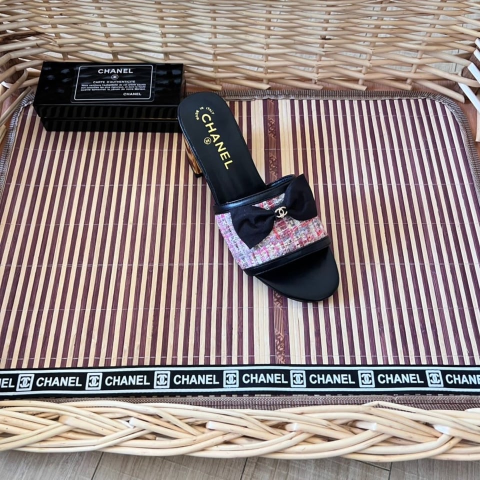 Chanel Grosgrain Ribbon Bow Mule Tweed Pink G45691 view 4