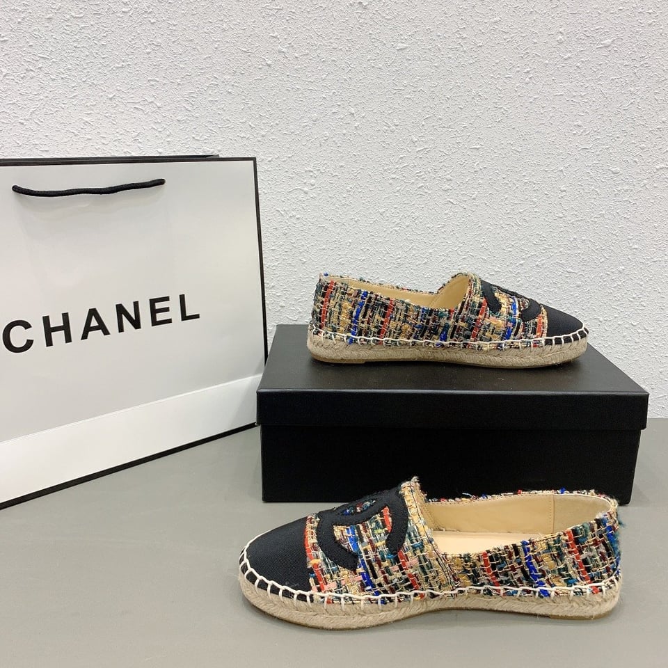 Chanel Tweed Grosgrain Cc Espadrilles Slip On Multicolor Black view 5