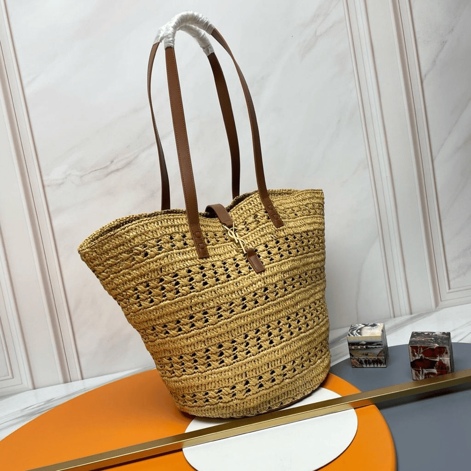 Saint Laurent Panier Medium Bag in Crochet Raffia and Smooth Leather 42cm view 7