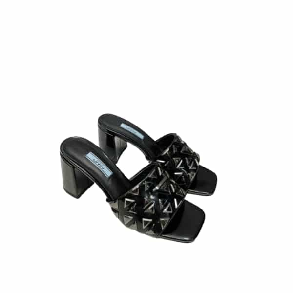 Prada Studded Metallic Leather Mules Black view 2
