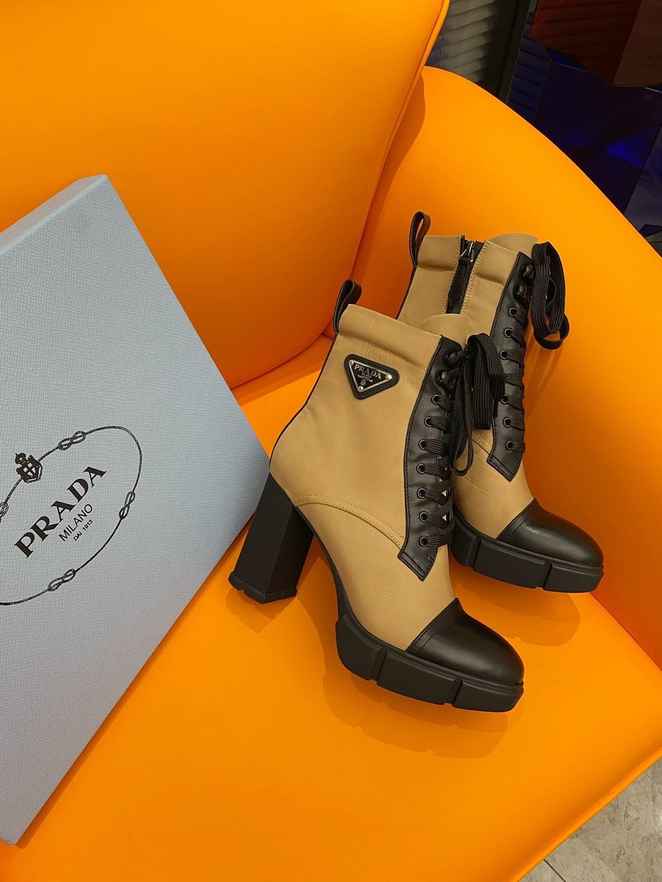 Prada Logo Plaque Ankle Boots Brown view 9