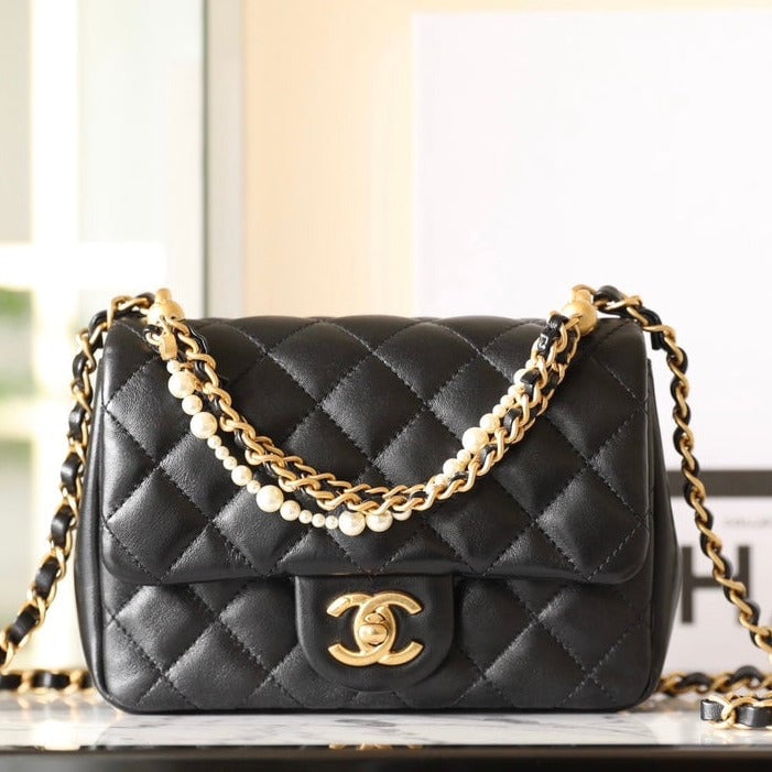 Chanel 24P Mini Flap Bag 17Cm Black Lambskin Pearl Chain
