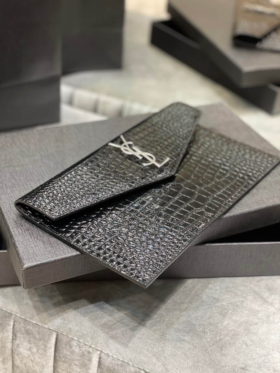 Saint Laurent Uptown Pouch In Crocodile Embossed Shiny Leather view 3