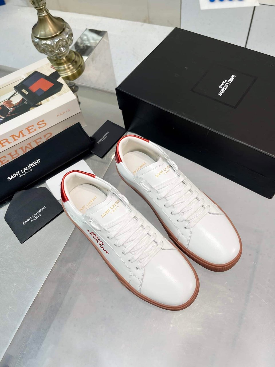 Saint Laurent Court Classic Embroidered Sneakers White And Red view 7