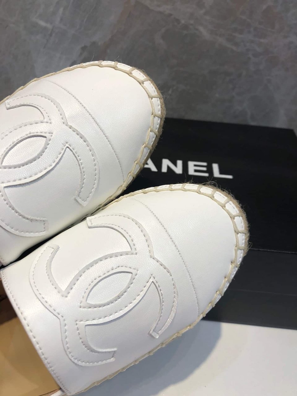 Chanel Embroidered Espadrille Leather Cap Toe Flats White view 5