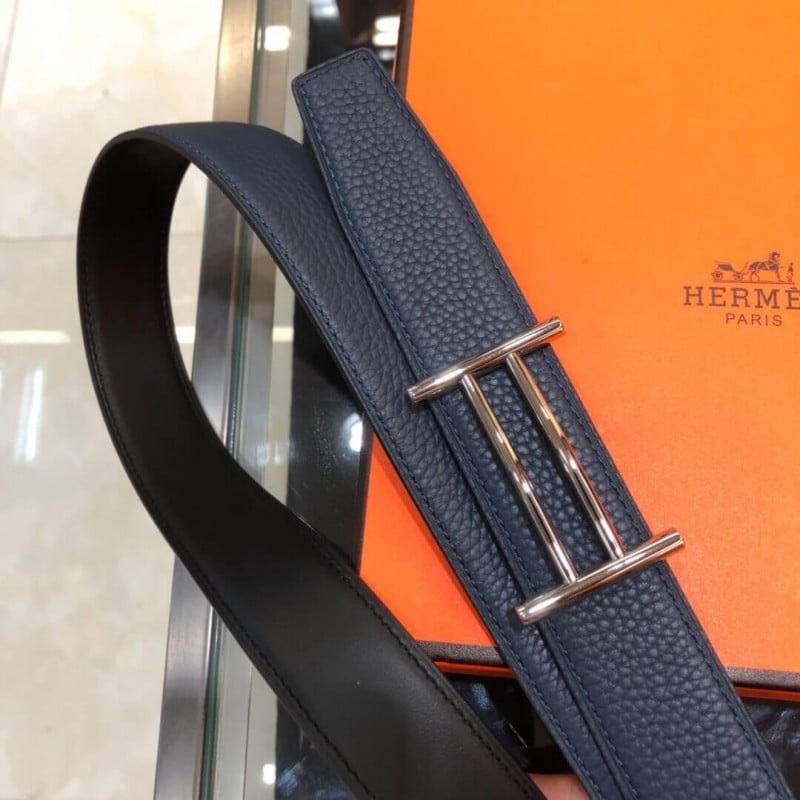 Hermes Rider Belt Buckle &amp; Reversible Leather Strap 32mm H075372 Navy Blue/Black view 4