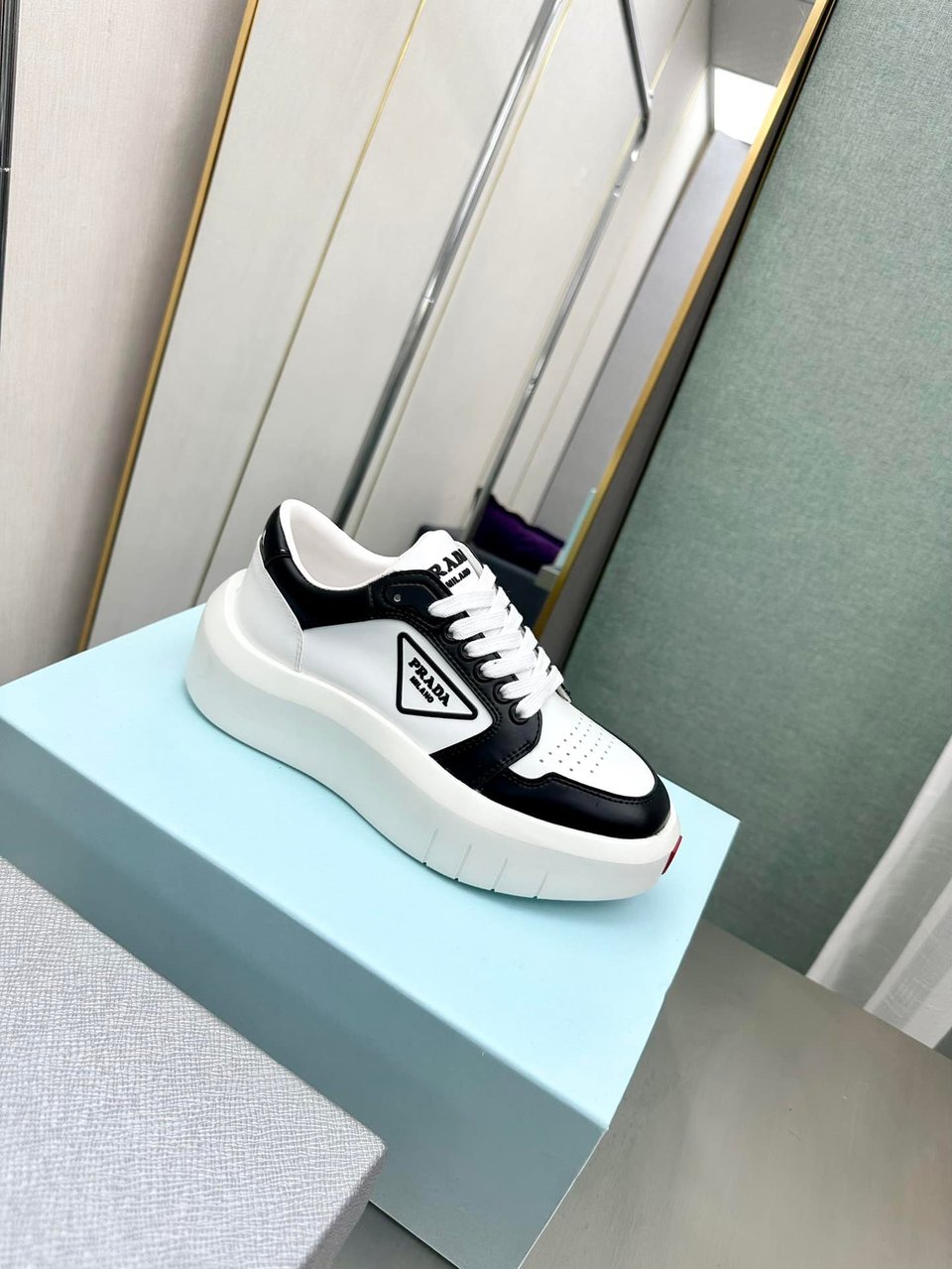 Prada Leather Platform Sneakers White And Black view 6