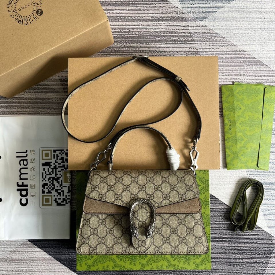 Gucci Small Dionysus Top Handle Bag Taupe Suede Trim view 10