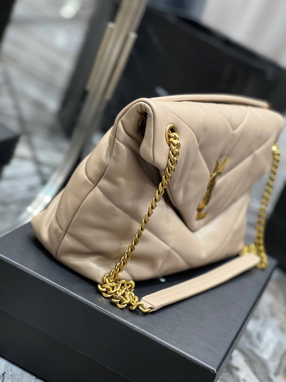 Saint Laurent Puffer Medium Chain Bag In Quilted Beige view 4