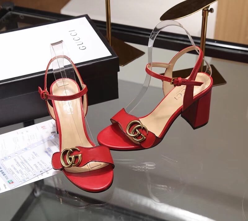 Gucci Double G Leather Mid Heel Sandal Red ?453379 A3N00 view 6