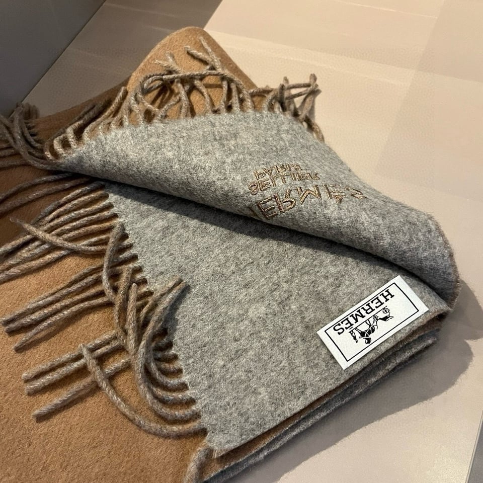 Hermes Cashmere Scarf Colorblock Beige Gray For Women 180cm view 5