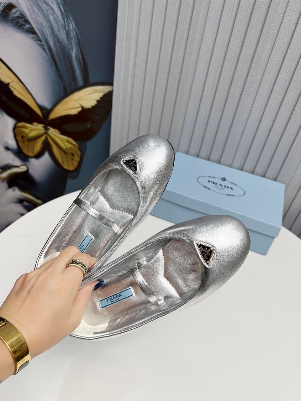 Prada Soft Padded Nappa Leather Ballerinas Silver view 8