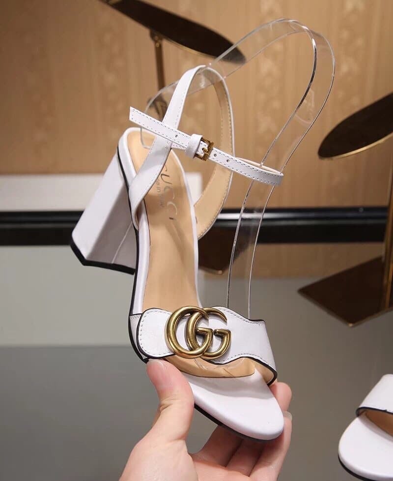 Gucci Leather Mid Heel Sandal White view 3
