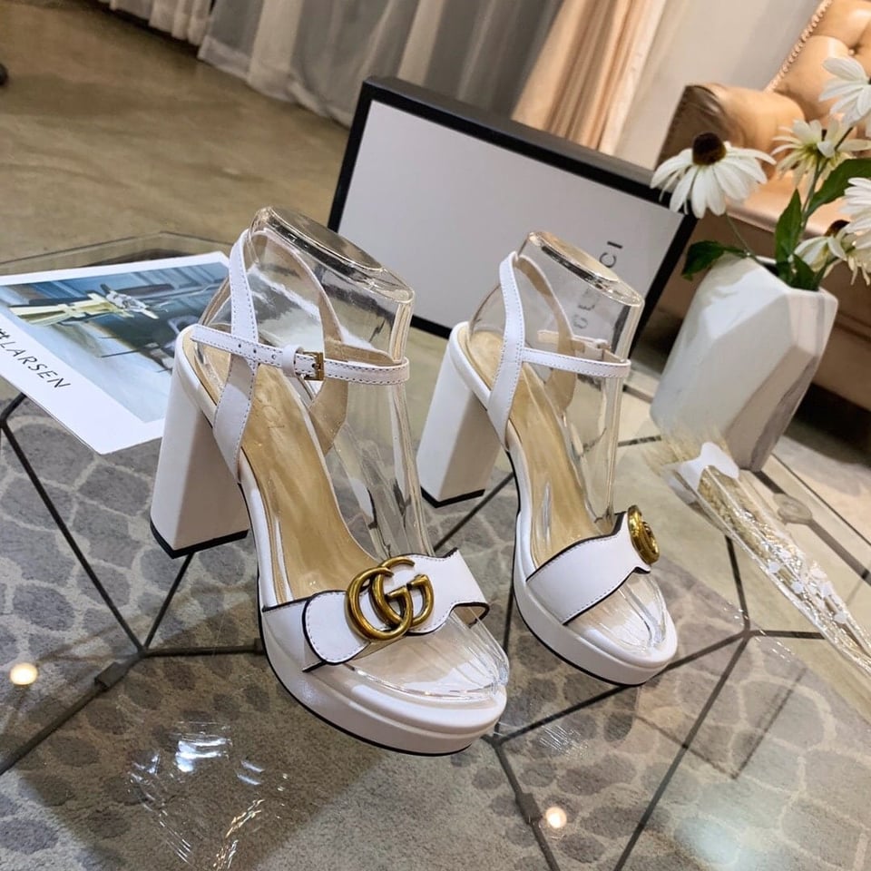 Gucci Gg Leather Heeled Sandal White view 4