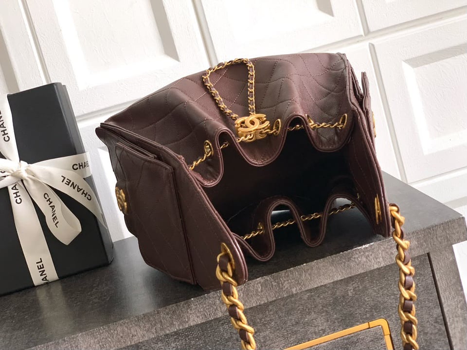 Chanel 25 Small Size Handbag Calfskin With Grain Effect &amp; Gold Metallic Brown 30cm/11.8in AS5293 view 5