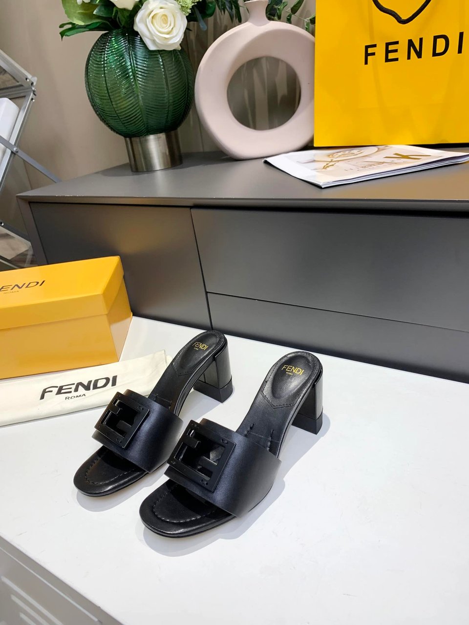Fendi Signature Leather High Heel Black view 3