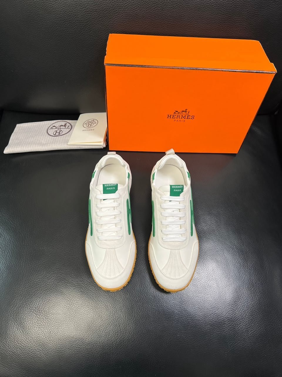 Hermes Sneakers White / Jungle Green Color Goatskin H242924ZHJM390 view 9