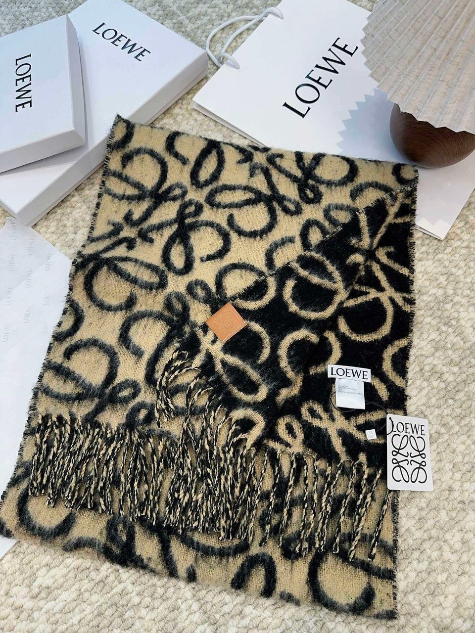Loewe Mohair Scarf Anagram Black Beige For Women 186cm view 4