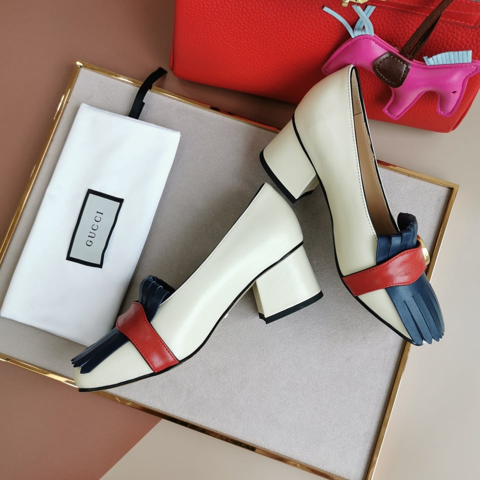 Gucci Wmns White And Blue Leather Mid-Heel Pump view 6