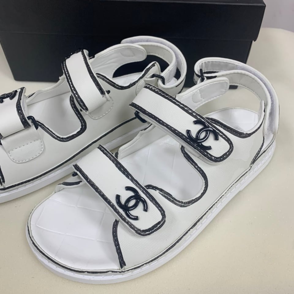 Chanel Calfskin Printed Velcro Dad Sandals White Black view 7