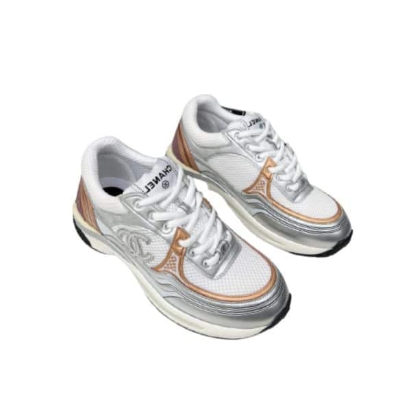 Chanel 23C Silver Metallic Cc Logo Lace Up Flat Runner Trainer Sneaker White Yellow