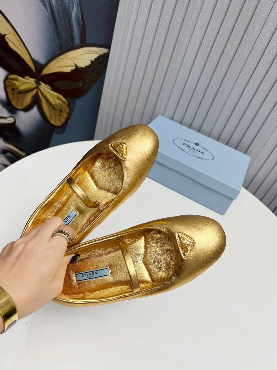 Prada Soft Padded Nappa Leather Ballerinas Gold view 6
