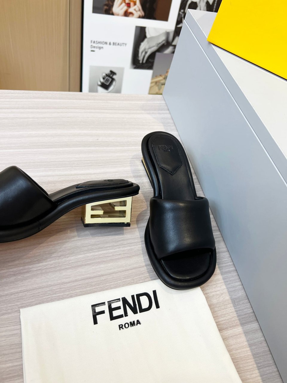 Fendi Cutout Metal Block Heel Padded Leather Sandals Black view 8