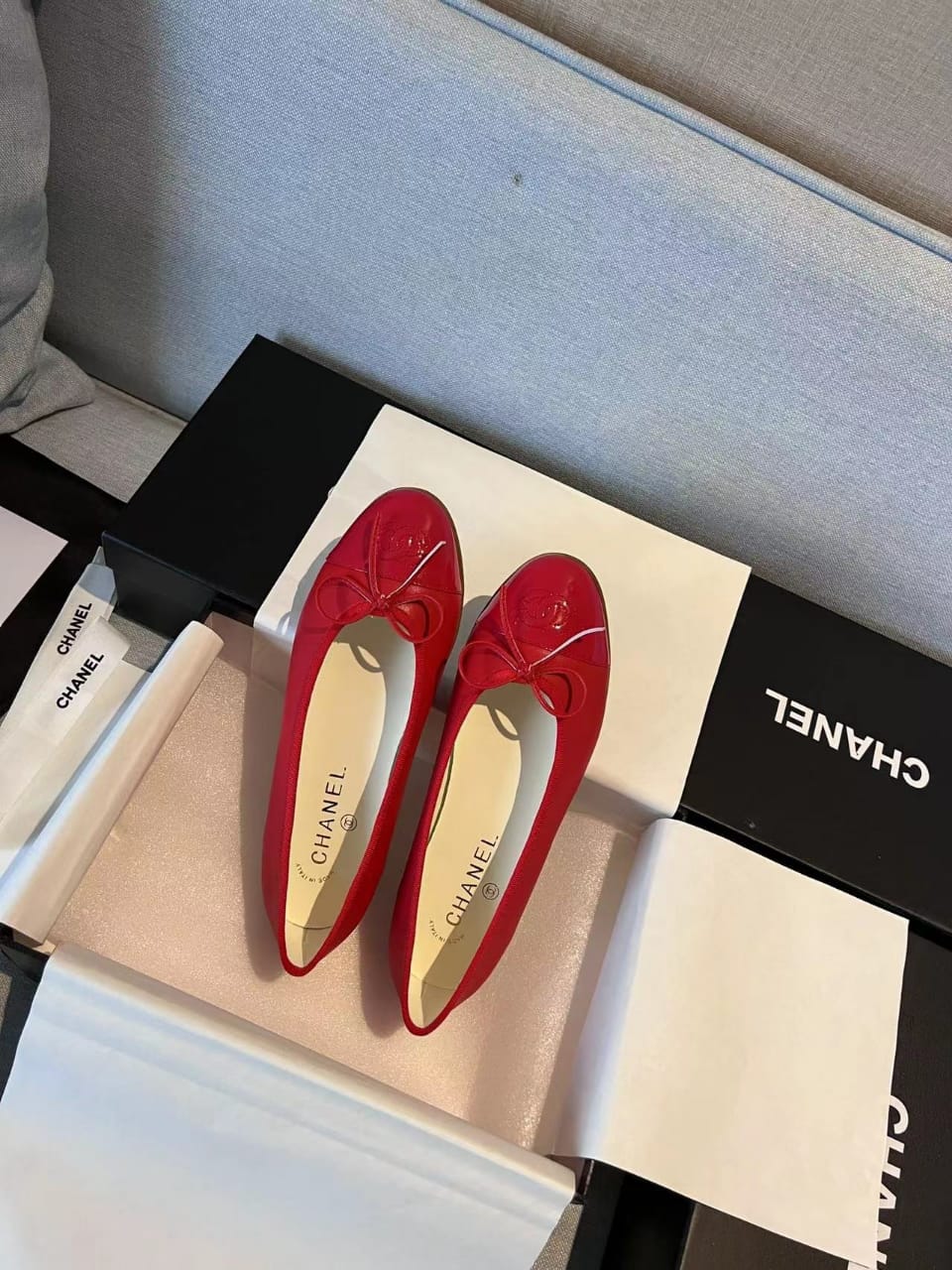 Chanel Cc Cap Toe Ballet Flats In Light Red Patent Leather view 4