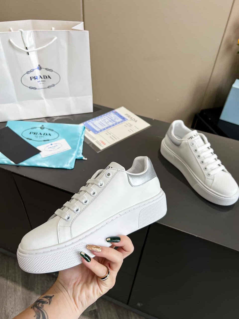 Prada Sneakers In White Leather With Silver Logo view 7