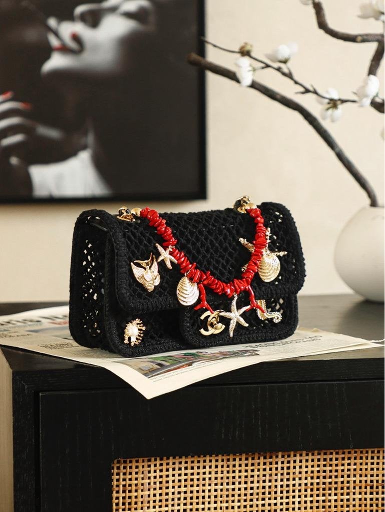 Chanel Small Flap Bag Mesh, Charms &amp; Gold-Tone Metal 21cm/8.3in Black AS6156 view 10