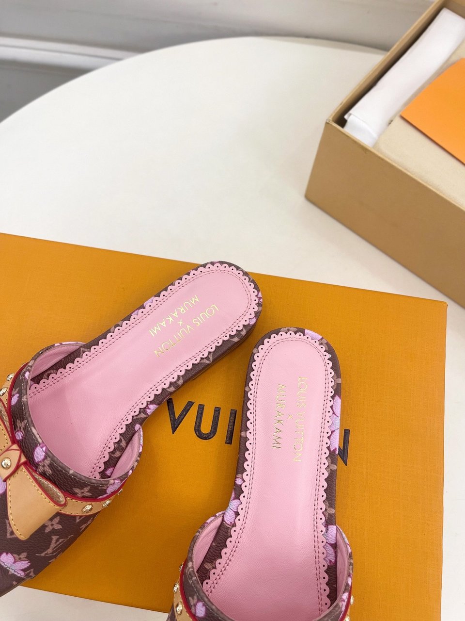 Louis Vuitton x Takashi Murakami Cherry Blossom Flat Slide Sandal Brown Monogram Canvas view 6