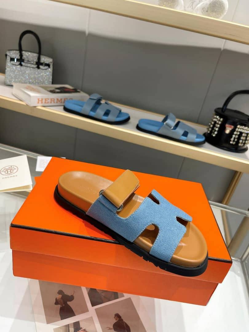 Hermes Chypre Flat Sandals Denim Brown view 5