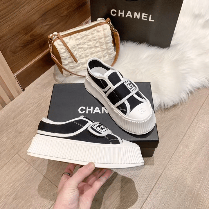Chanel White Cc Cap Toe Slipon Sneaker Black view 4