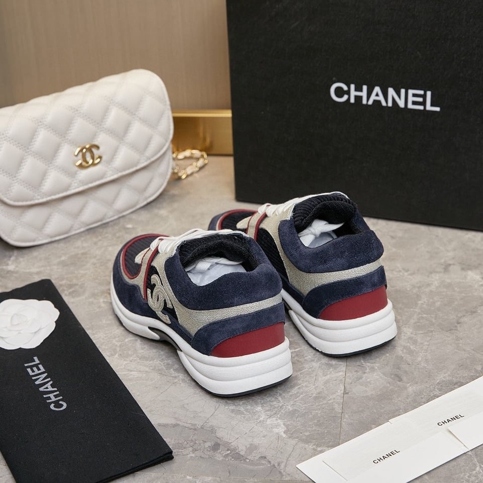 Chanel Cc Logo Sneakers Navy Burgundy view 3