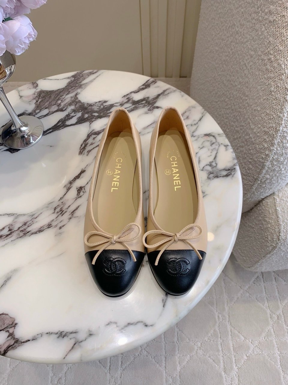 Chanel Cambon Leather Ballet Flats Beige For Women view 3