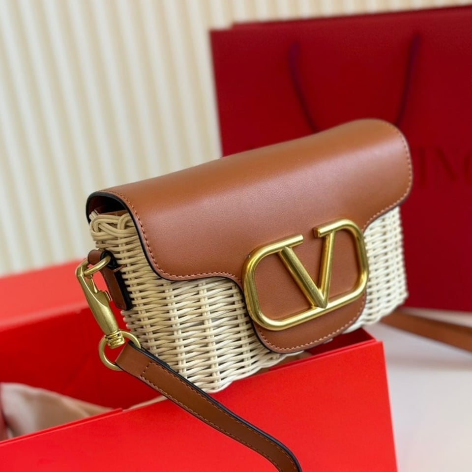 Valentino Loco Vlogo Flap Straw Shoulder Bag Brown 18Cm view 4