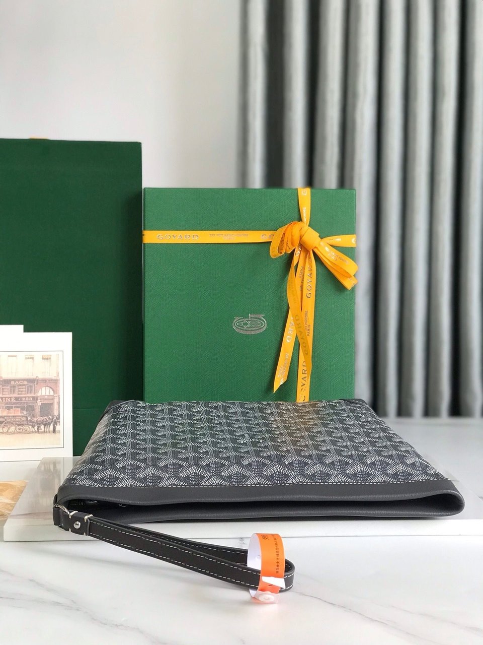 Goyard Conti Pouch 24 Cm Grey Black Lambskin And Goyardine Canvas view 6