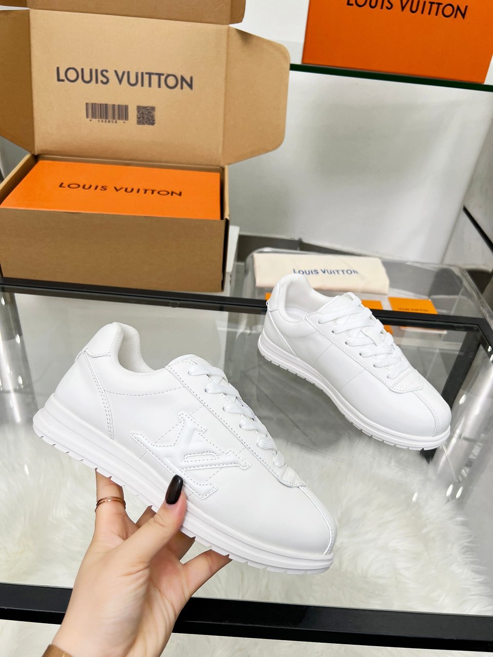 Louis Vuitton LV Trainer Triple White Sneakers – Clean All White Leather – Women’s Shoes view 6