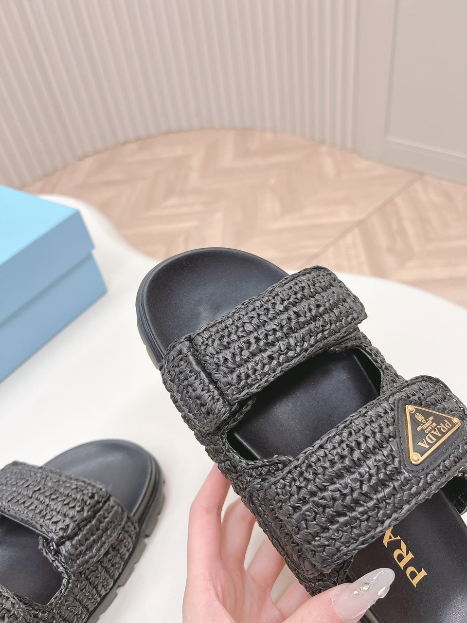 Prada Fussbett Raffia Dual Buckle Slide Sandals Black view 6