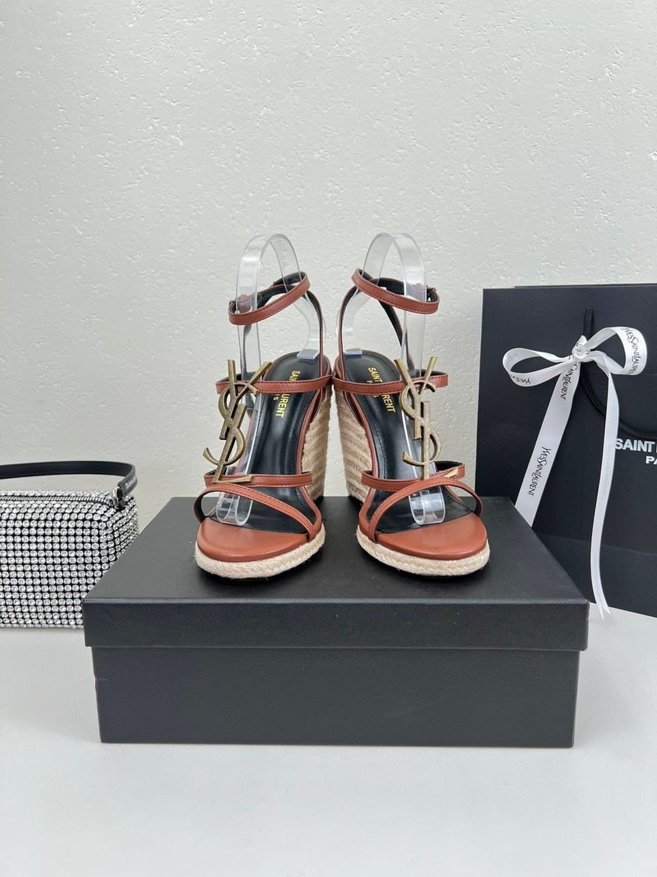 Saint Laurent Cassandra 115 Leather And Raffia Wedge Brown Sandals view 7