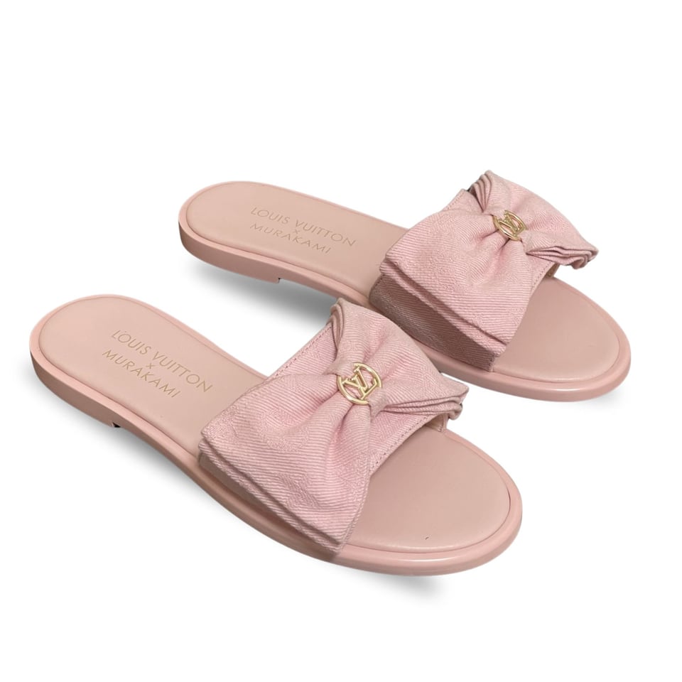 Louis Vuitton x Takashi Murakami Lily Flat Mule Bow Slide Sandals Black Canvas 1AGVYA view 2