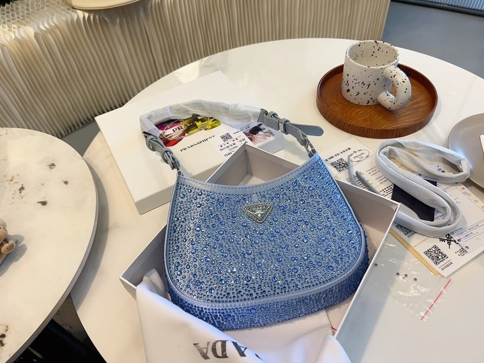 Prada Cleo Satin Bag With Crystals Blue view 3