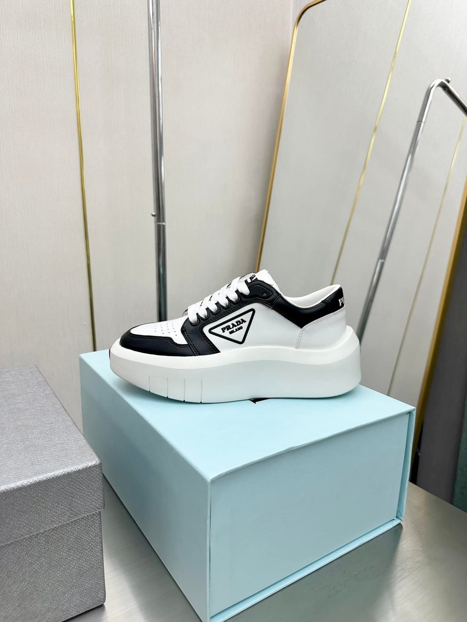 Prada Leather Platform Sneakers White And Black view 3