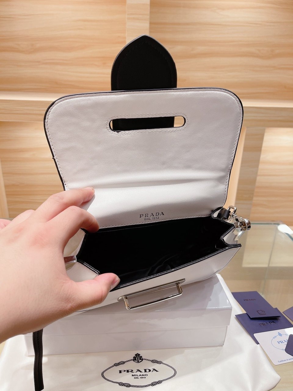 Prada City Calfskin Sidonie Shoulder Bag White Black 28Cm view 3