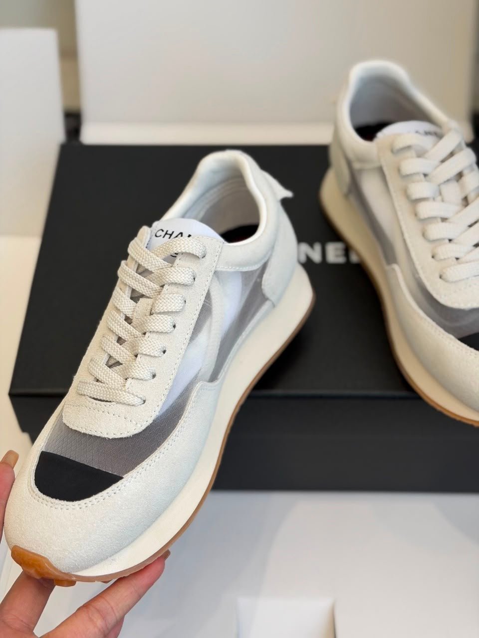 Chanel Mesh Suede Calfskin Sneakers with Black CC Logo Light Grey White &amp; Black G38290 view 11