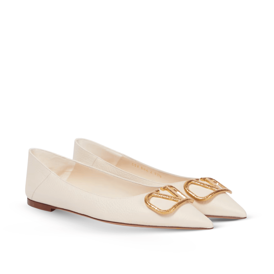 Valentino Garavani VLogo Pointed-Toe Leather Ballet Flats White view 2