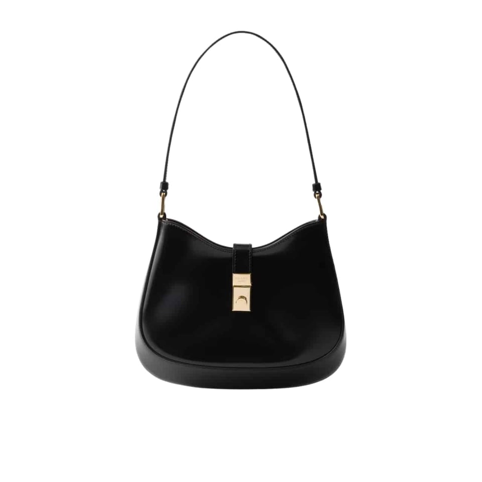 Prada Cleo Brushed Leather Shoulder Bag With Clasp Closure Black 26Cm