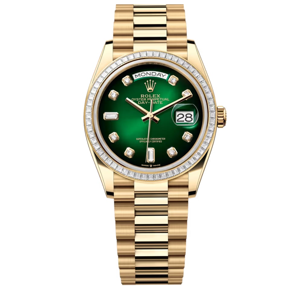 [SUPER CLONE] Rolex Yellow Gold Day-Date Diamond Bezel Onyx Green Dial President Bracelet 36mm